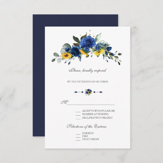 Elegante Zonnebloemen Navy Blauwe Bloemen Bruiloft RSVP Kaartje (Voorkant / Achterkant)