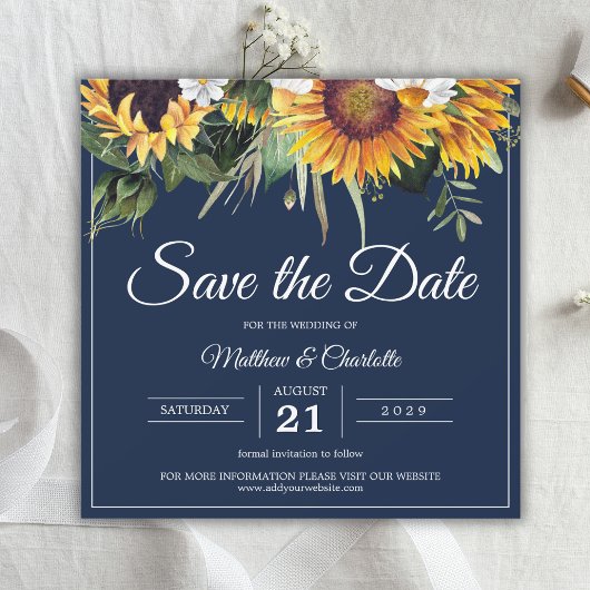 Elegante zonnebloemen Navyblauwe bloemige trouwdag Save The Date