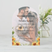 Elegante Zonnebloemen QR Code 2 Foto's Arch Weddin Kaart (Staand voorkant)
