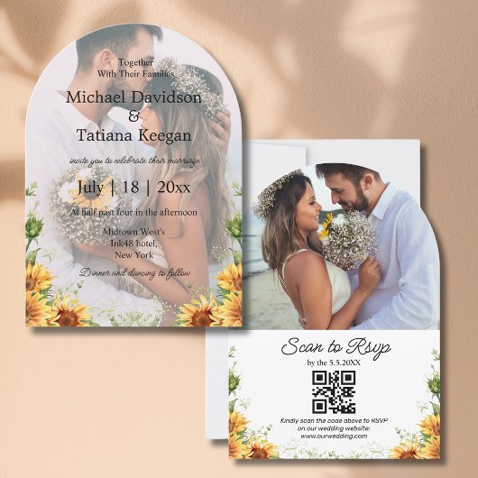 Elegante Zonnebloemen QR Code 2 Foto's Arch Weddin Kaart
