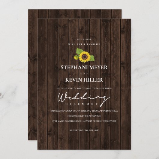 Elegante Zonnebloemen Rustiek Hout Wedding Kaart (Voorkant / Achterkant)