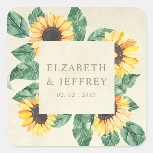 Elegante Zonnebloemen Tuin Bloemige Bruiloft Vierkante Sticker (Voorkant)