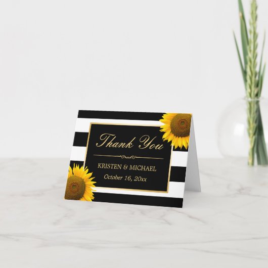 Elegante zonnebloemen Zwart Witte Strepen Dank je  Bedankkaart (Voorkant)