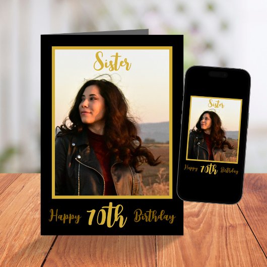 Elegante Zus 70e Verjaardag Zwart Goud Foto Kaart