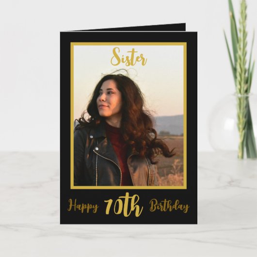 Elegante Zus 70e Verjaardag Zwart Goud Foto Kaart (Voorkant)