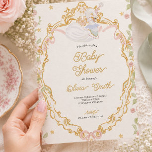 Elegante Zwaan Baby Shower Uitnodiging, Vintage Go Kaart