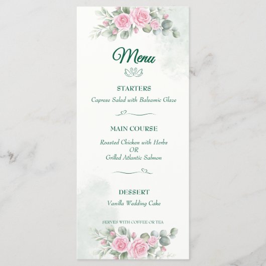 Elegante Zwaan & Blush Roze Trouwmenu - 2-zijdig 5 Menu (Voorkant)