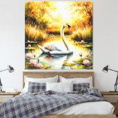 Elegante zwaan glijden in rustige vijver canvas afdruk (Insitu (Slaapkamer))