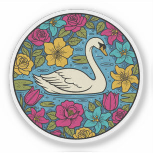 Elegante Zwaan in Bloemrijke Vijver - Kleurrijke N Sticker