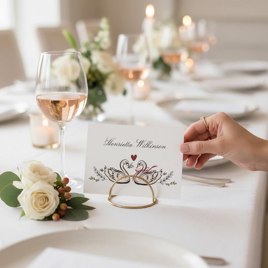 Elegante Zwaan Liefde Rode Hart Script Naam Plaats Bedankkaart