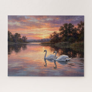 Elegante zwanen bij zonsondergang legpuzzel