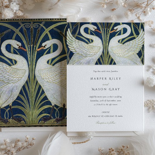 Elegante zwanen bruiloft uitnodiging Walter Crane