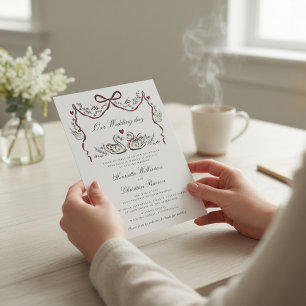 Elegante Zwanen Guirlande Rode Lint Bruiloft Kaart