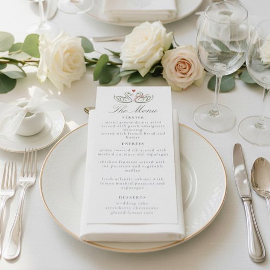 Elegante zwanen romantische liefdesscript dinermen menu