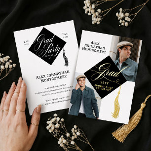 Elegante Zwarde Gouden Afstudeerhoed Kwast Afstude Folie Uitnodiging
