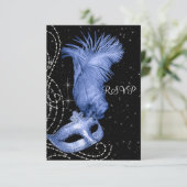 Elegante zwart-blauwe Masquerade Party RSVP (Staand voorkant)
