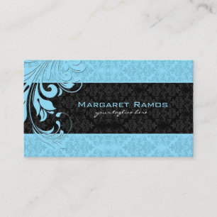 Elegante zwart en blauw bloemdamast visitekaartje