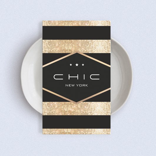 Elegante zwart en faux gouden pailletten gestreept visitekaartje