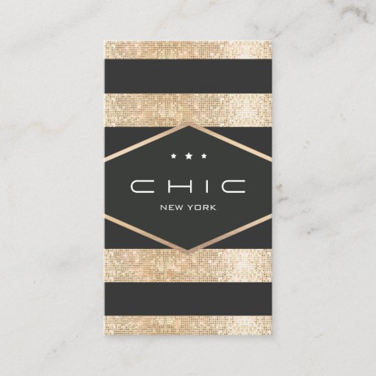 Elegante zwart en faux gouden pailletten gestreept visitekaartje (Voorkant)