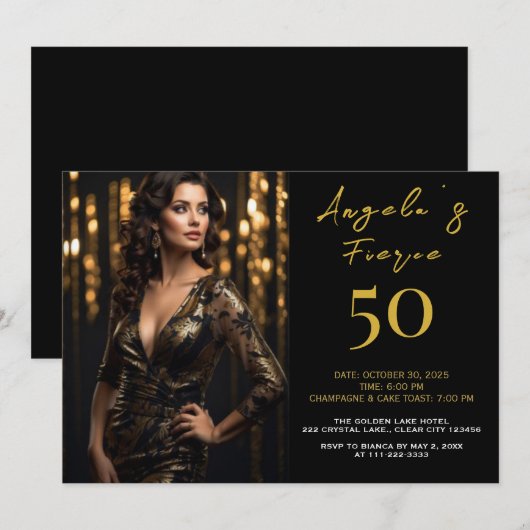 Elegante zwart en goud 50e uitnodiging (Voorkant / Achterkant)