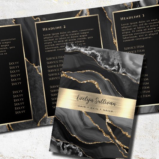 Elegante zwart en goud agaat drievoudige brochure drieluik kaart