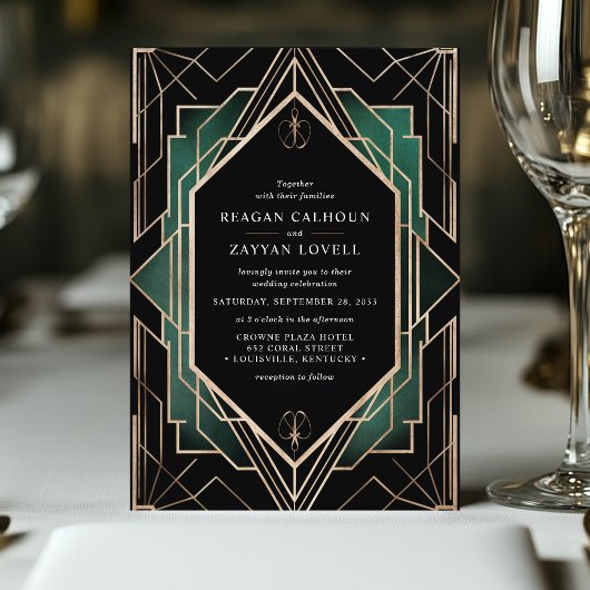 Elegante zwart en goud art deco smaragdgroene brui kaart