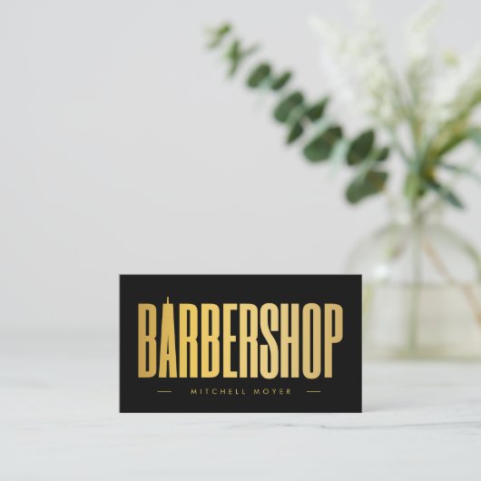 Elegante zwart en goud barbershop minimalist visitekaartje (Staand voorkant)