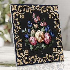 Elegante Zwart en Goud Bloem Barok Tegeltje