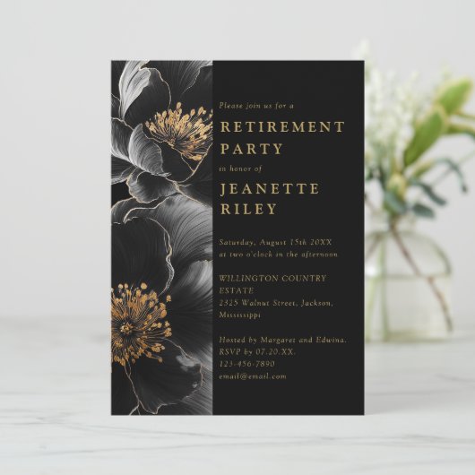 Elegante zwart en goud bloem pensioen partij kaart (Staand voorkant)