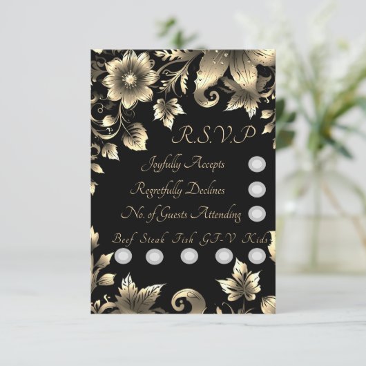 Elegante zwart en goud bloemenbruiloft sets RSVP kaartje (Staand voorkant)