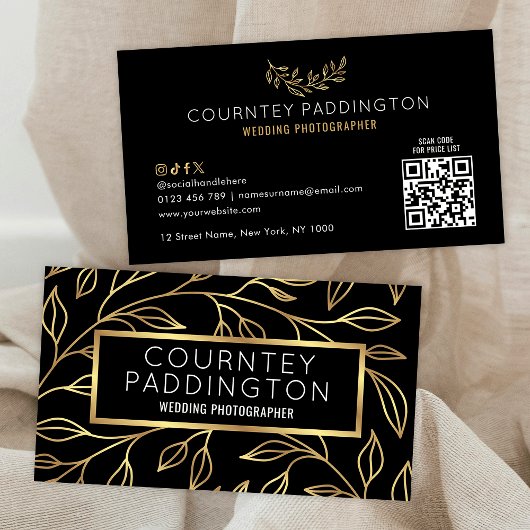 Elegante zwart en goud bloemenmoderne stijlvolle Q Visitekaartje