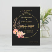 Elegante zwart en goud bloemenmoslim bruiloft kaart (Staand voorkant)