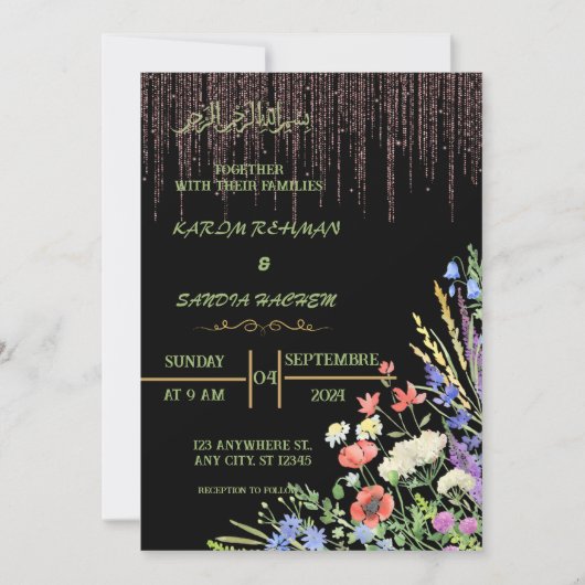 Elegante zwart en goud bloemenmoslim bruiloft kaart (Voorkant)