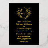 Elegante zwart en goud botanische monogram bruilof folie uitnodiging (Voorkant)