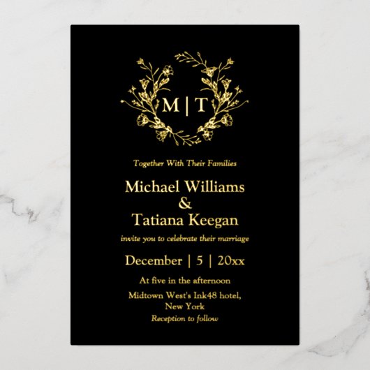 Elegante zwart en goud botanische monogram bruilof folie uitnodiging (Voorkant)