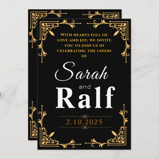 Elegante zwart en goud bruiloft uitnodiging (Voorkant / Achterkant)