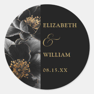 Elegante zwart en goud chique bloemenbruiloft guns ronde sticker