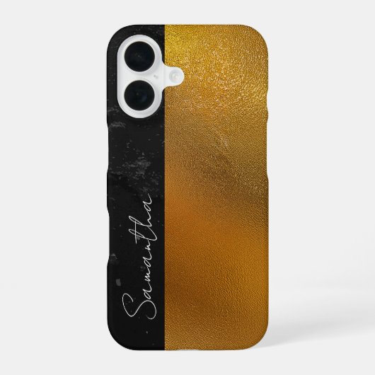 Elegante zwart en goud getextureerde gepersonalise iPhone 16 hoesje (Achterkant)