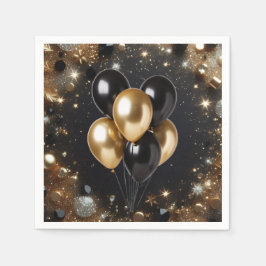 Elegante Zwart en Goud Glitter Ballon Verjaardag Servet