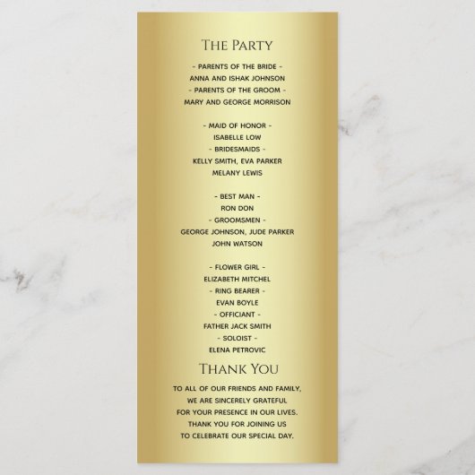 Elegante zwart en goud glitter huwelijksceremonie programmakaart (Achterkant)