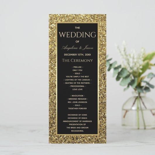 Elegante zwart en goud glitter huwelijksceremonie programmakaart (Staand voorkant)