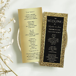 Elegante zwart en goud glitter huwelijksceremonie programmakaart