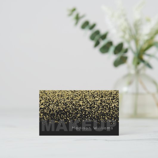 Elegante zwart en goud glitter make-up visitekaartje (Staand voorkant)