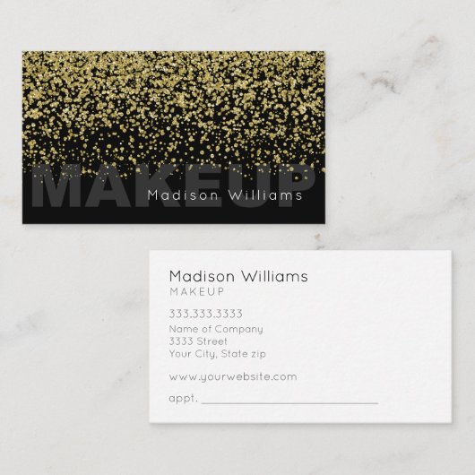 Elegante zwart en goud glitter make-up visitekaartje (Voorkant / Achterkant)