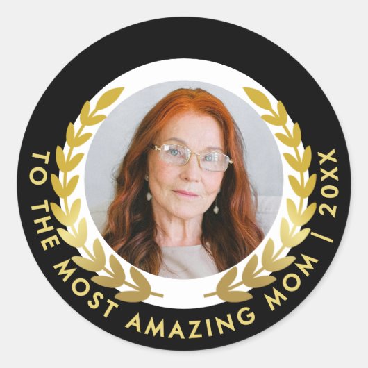 Elegante zwart en goud lauwerkrans eerbetoon foto ronde sticker (Voorkant)