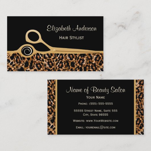 Elegante zwart en goud luipaard kapsalon visitekaartje (Voorkant / Achterkant)