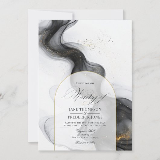 Elegante zwart en goud marmeren inkt bruiloft kaart (Voorkant)