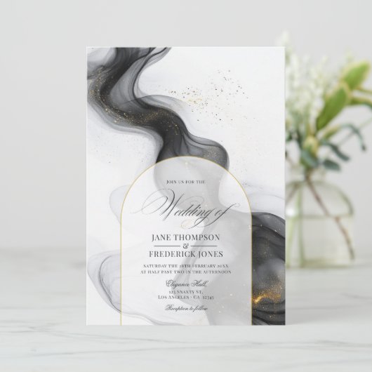 Elegante zwart en goud marmeren inkt bruiloft kaart (Staand voorkant)