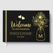 Elegante zwart en goud monogram bruiloft gastenboek (Voorkant)