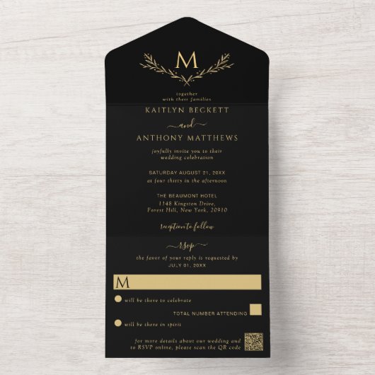 Elegante zwart en goud monogram krans bruiloft all in one uitnodiging (Binnen)